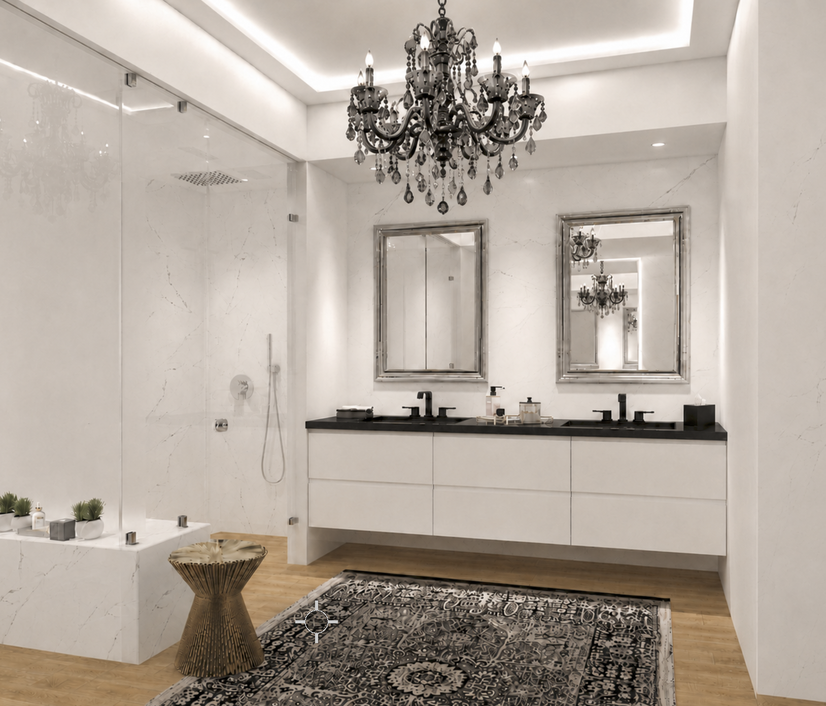 Floating vanity and illuminated mirrors in the remodeled bathroom